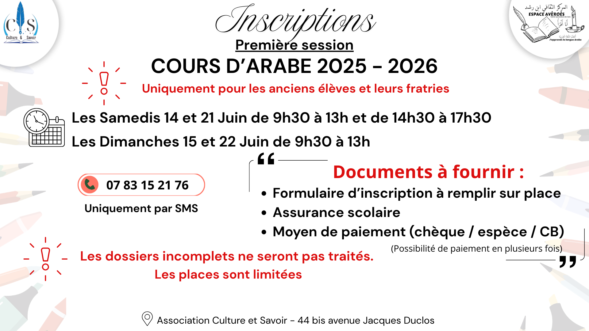 Réinscription Cours d'arabe