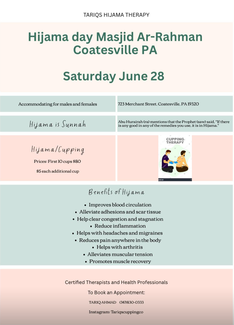 Hijama 11 am to 7 pm Saturday June 28th