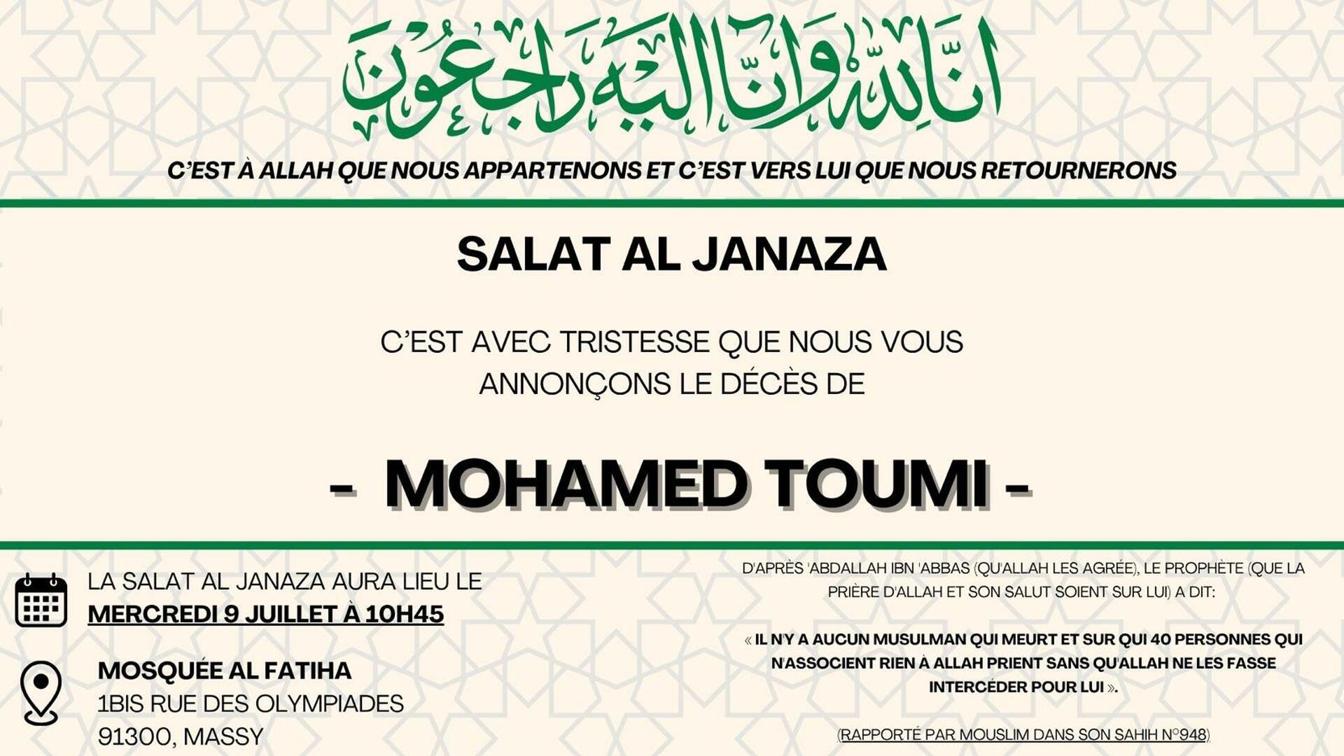 Salât Janaza Mercredi 9/07 à 10H45