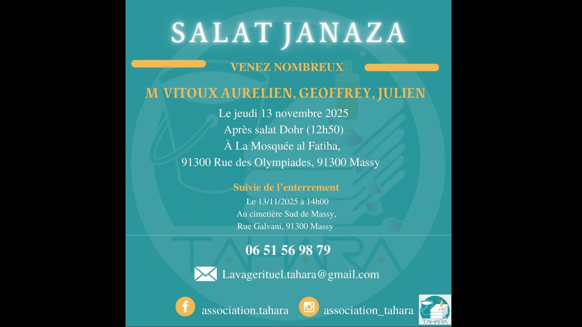 Salât Janaza Jeudi 13/11 après Dohr-e