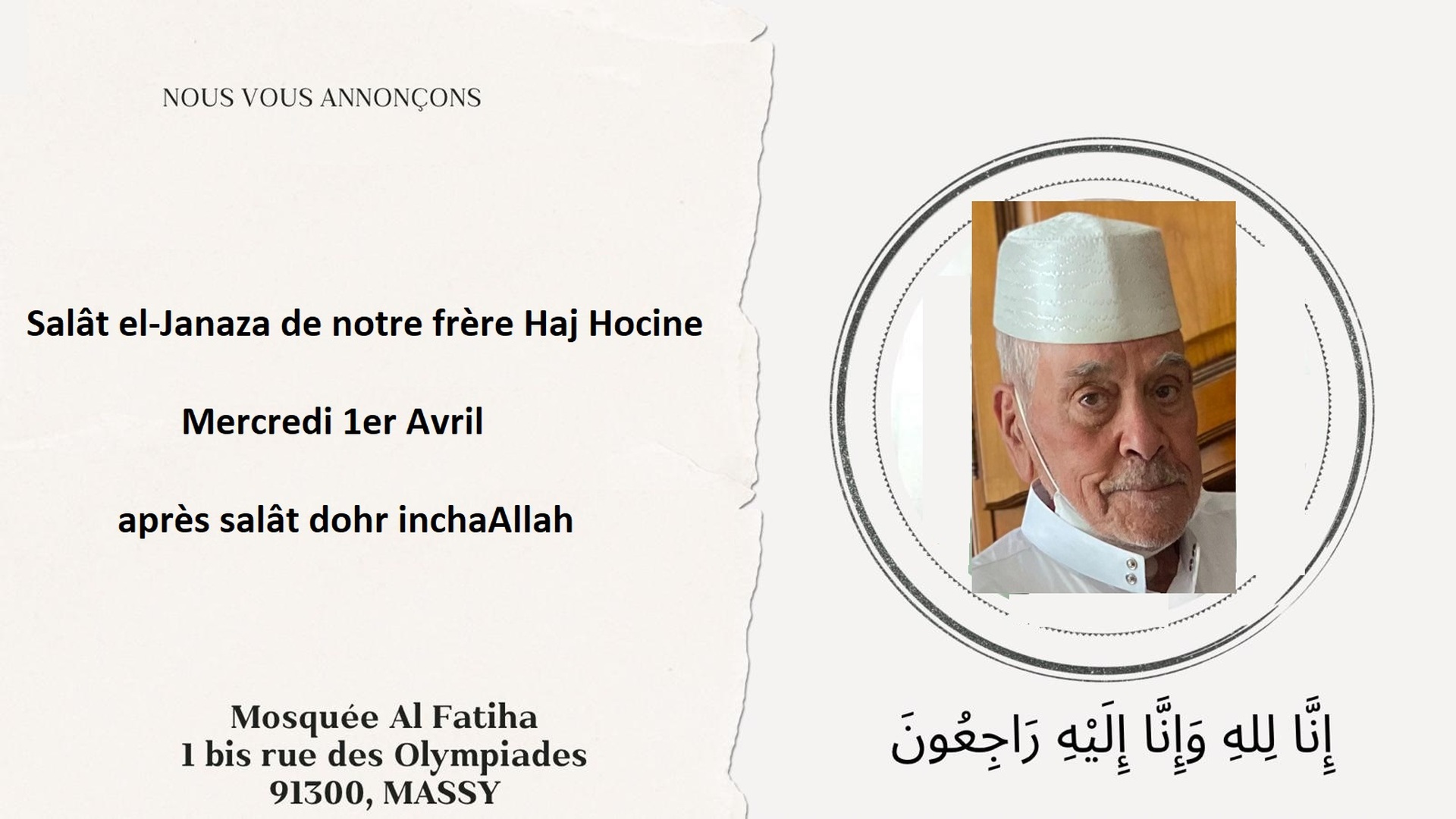 Salât Janaza Mercredi 01/04 après Dohr