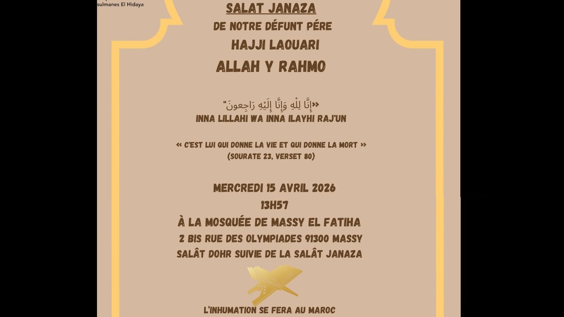 Salât Janaza Mercredi 15/04 après Dohr.