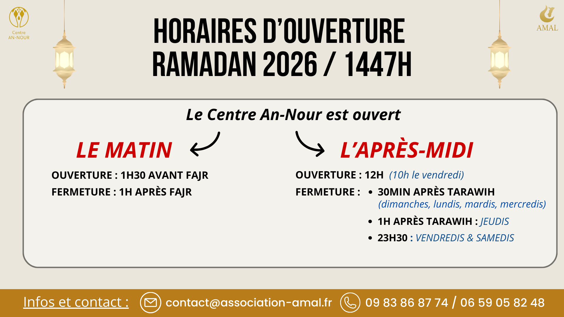 Horaires d'ouverture - Ramadan 2026