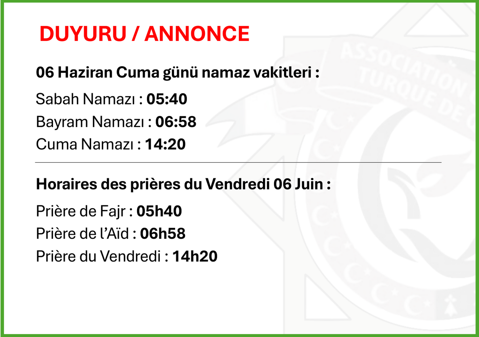 Horaires Prières Aïd