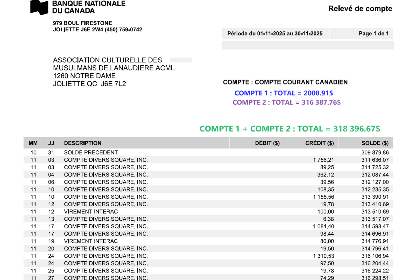 RELEVÉ BANQUE MOIS DÉCEMBRE 2025