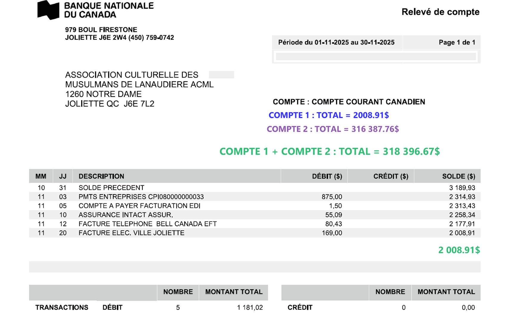 RELEVÉ BANQUE MOIS DÉCEMBRE 2025