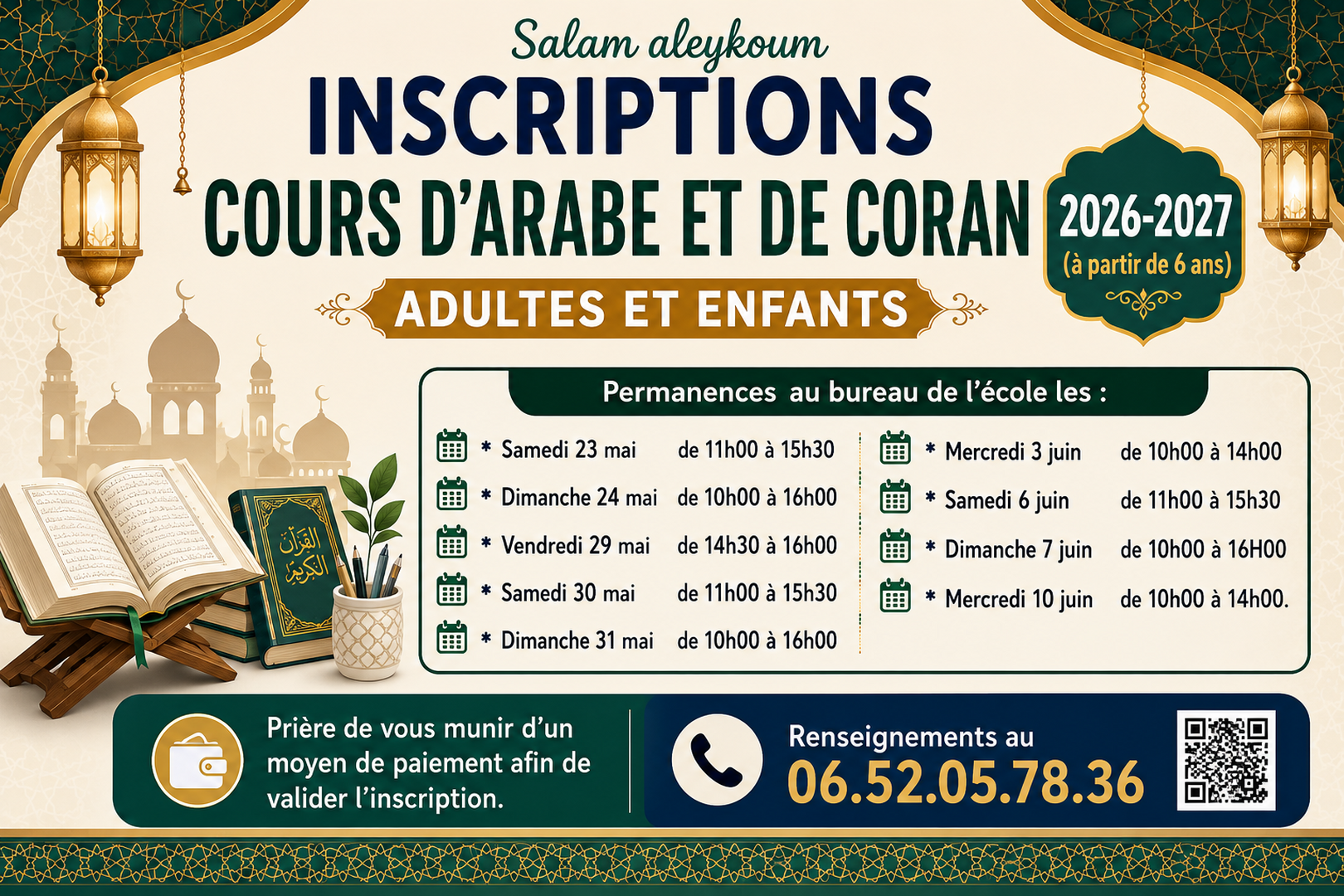 INSCRIPTIONS COURS D’ARABE ET DE CORAN