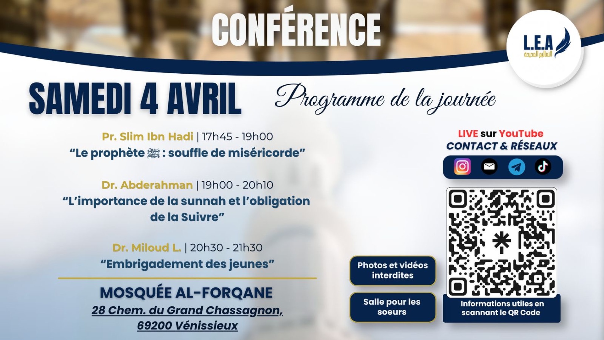 Conférence samedi 4 Avril محاضرة