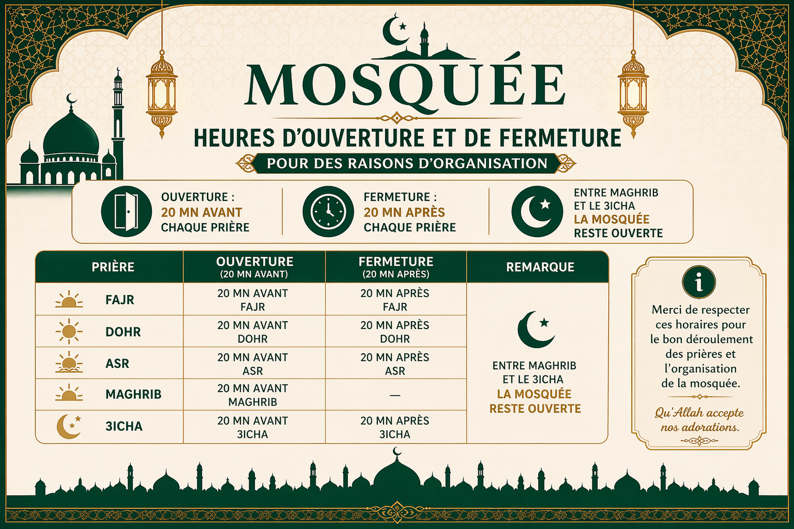 Horaires  d'ouverture pour salât