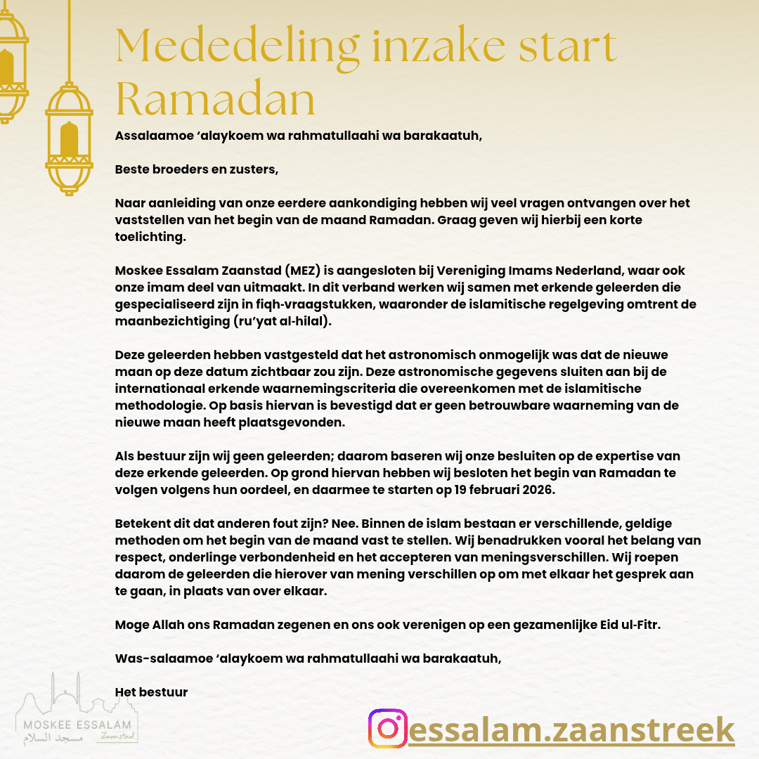 Mededeling inzake start Ramadan