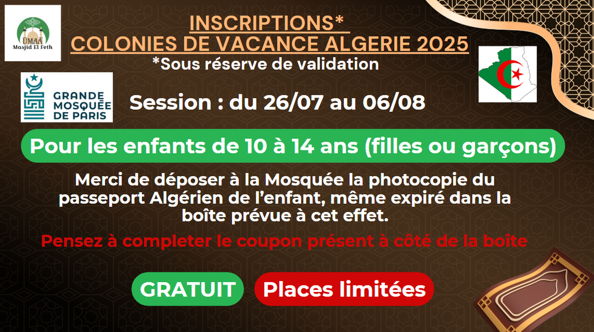 INSCRIPTIONS COLONIE VACANCE ALGERIE