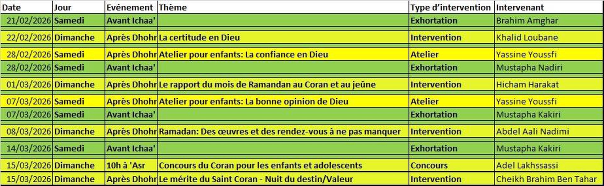 PLANNING DU RAMDAN