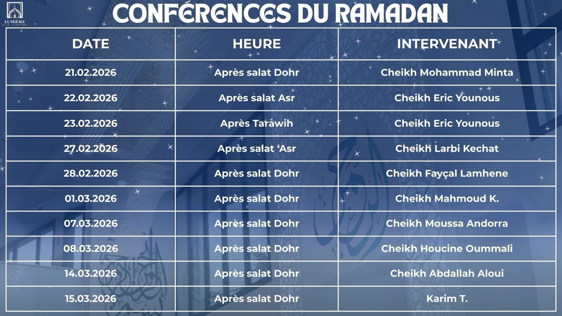 Programme des conférences du Ramadan