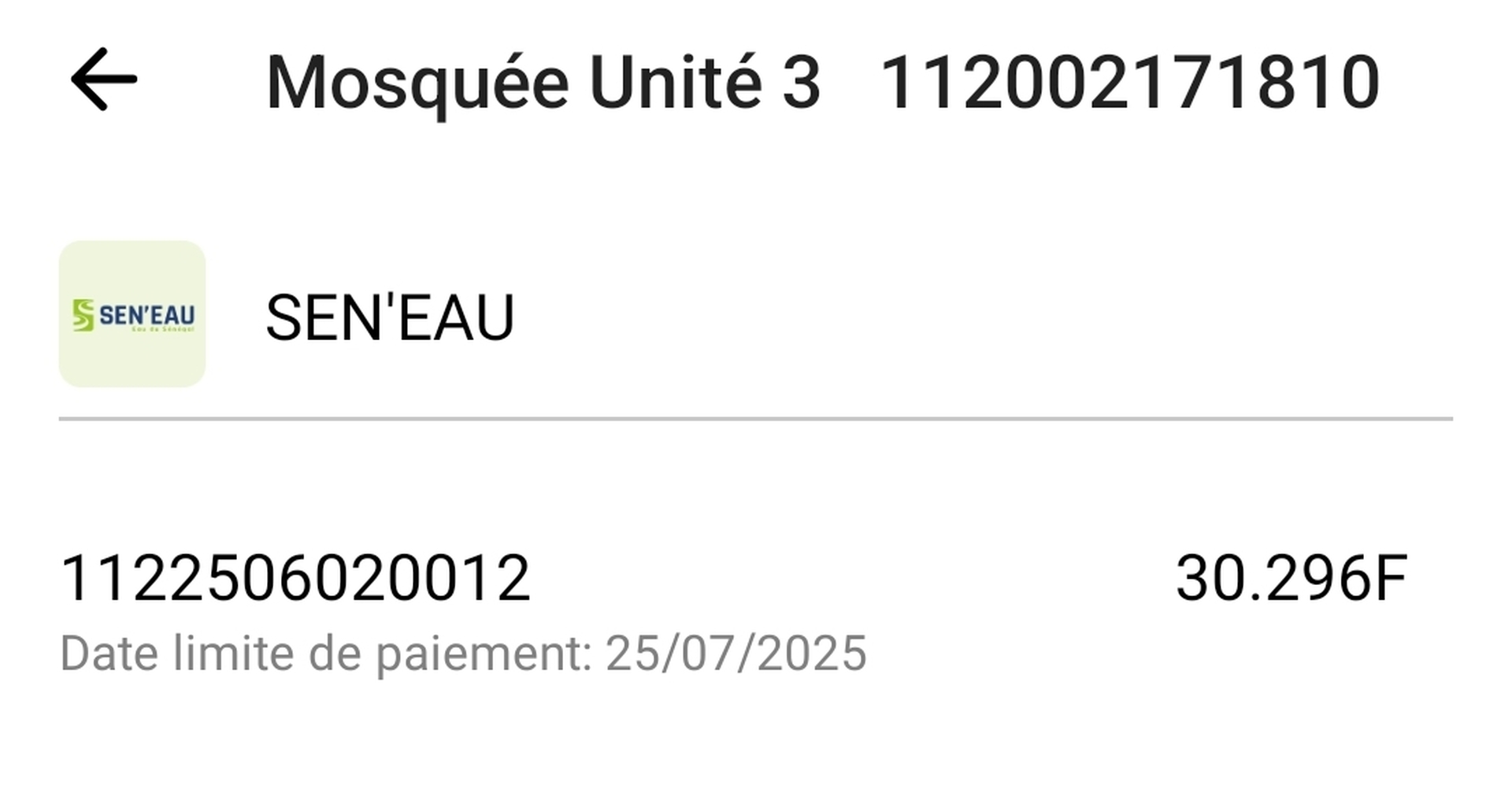 FACTURE SEN'EAU DISPONIBLE