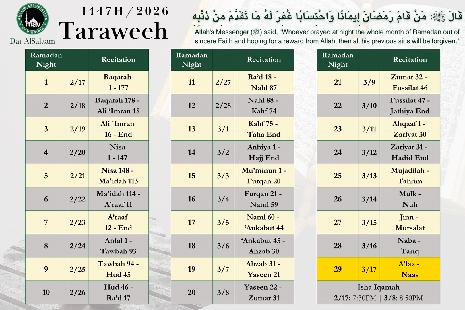 Taraweeh Schedule