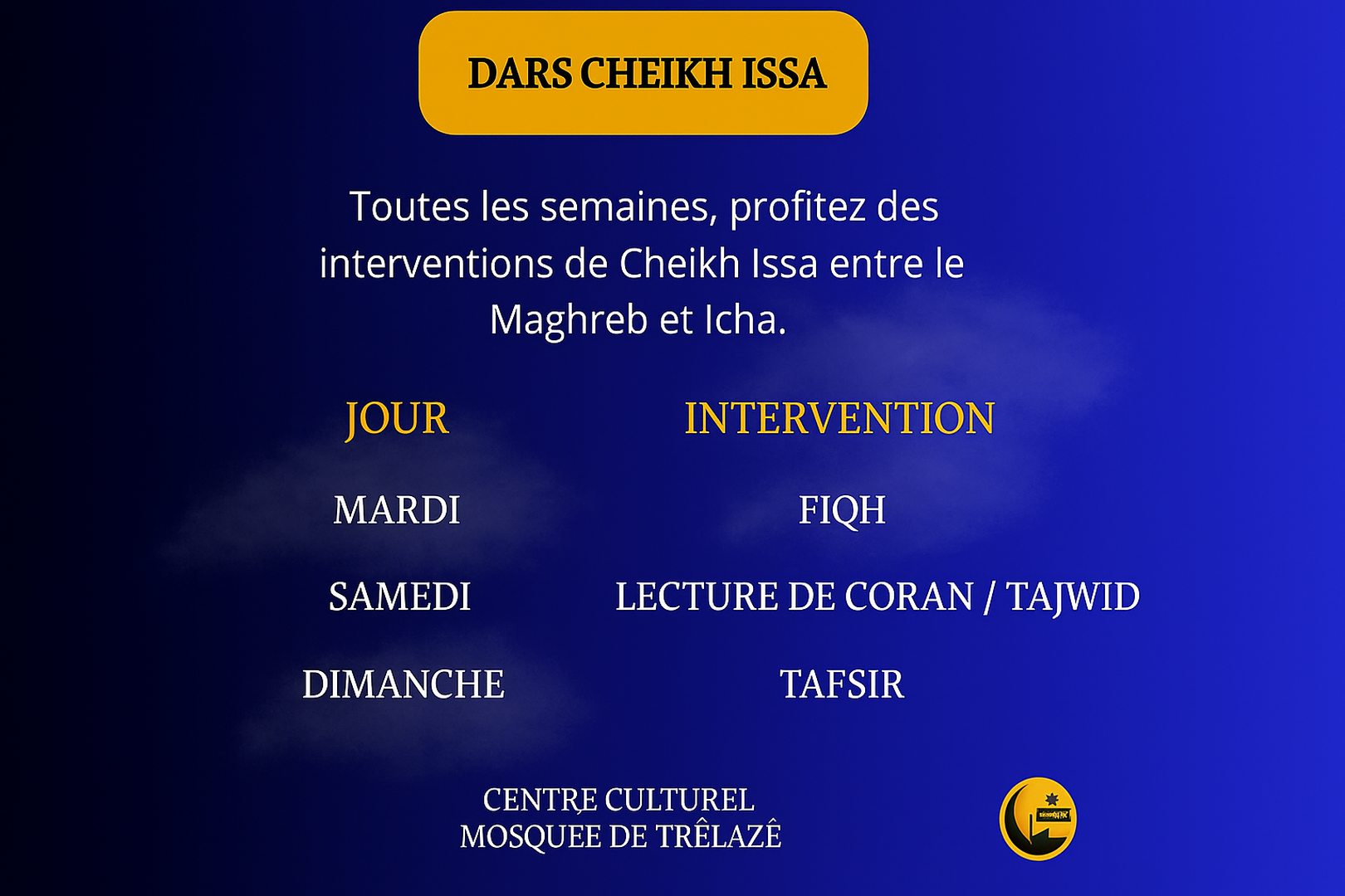 Rv avec Cheikh Issa 3 fois par semaine