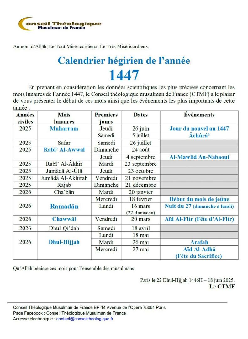 CALENDRIER HEGIRIEN 1447