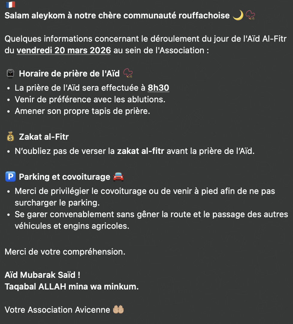 Aïd Al-Fitr du vendredi 20 mars 2026