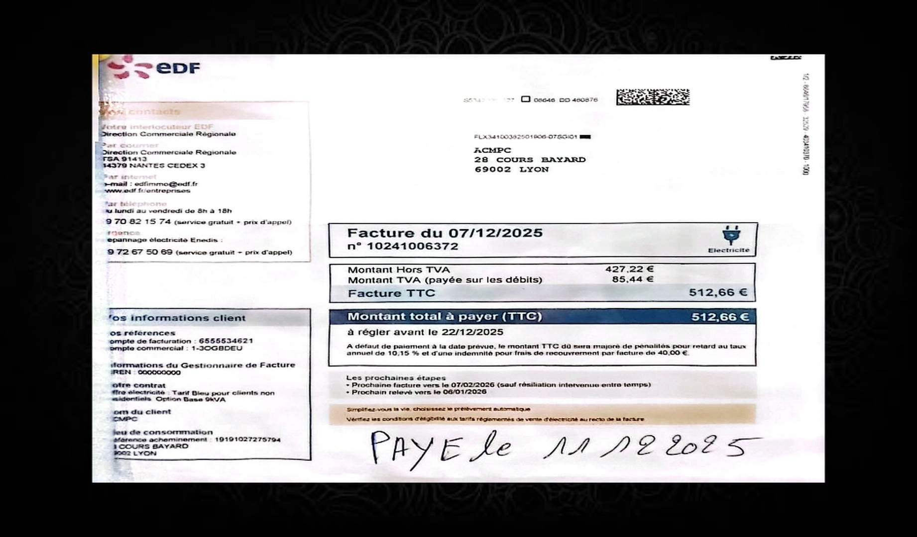 FACTURE D'ÉLECTRICITÉ
