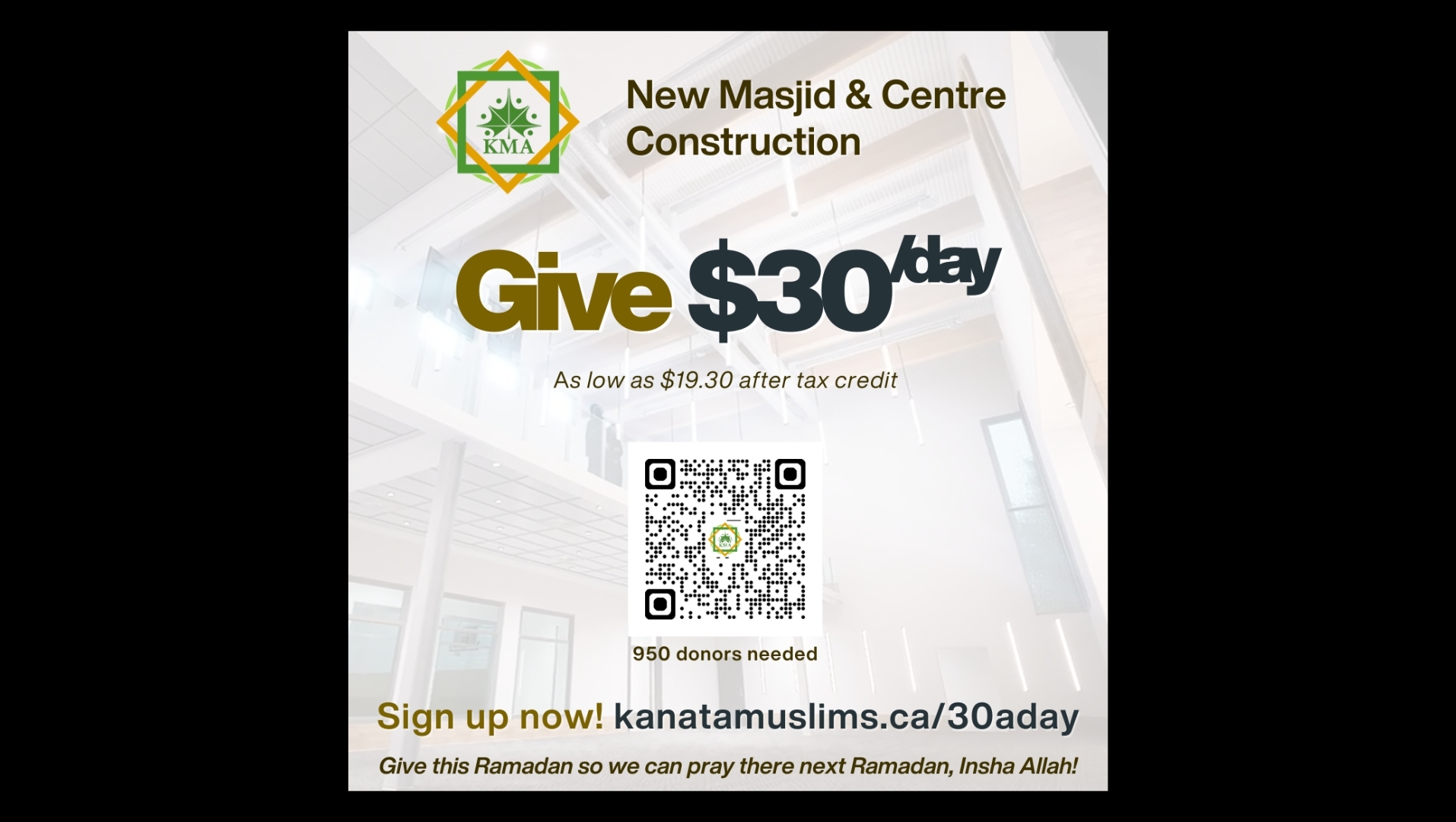 Give $30/day in Ramadan for New Masjid