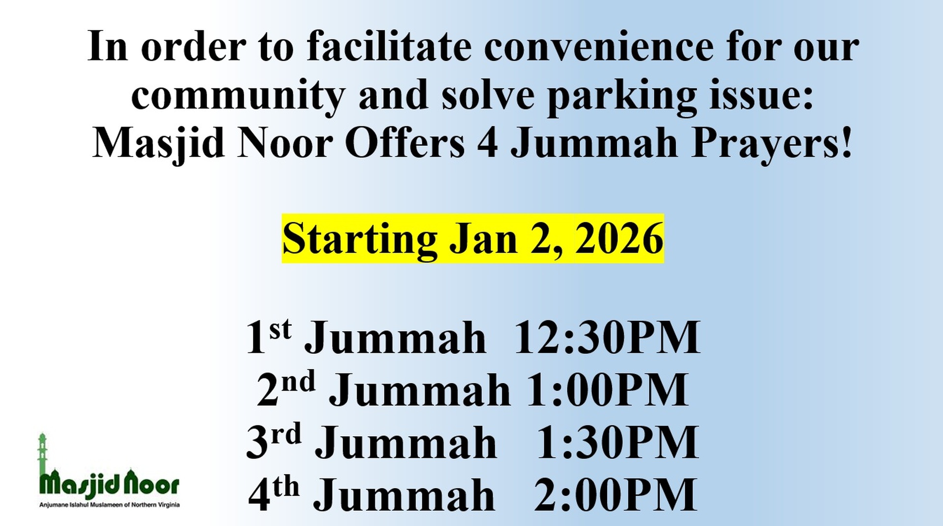 New Jummah Prayers Timing Jan 2nd 2026