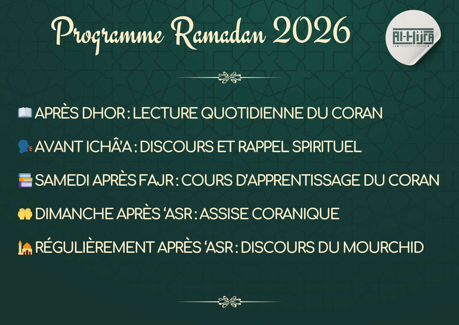 Programme Ramadan 2026