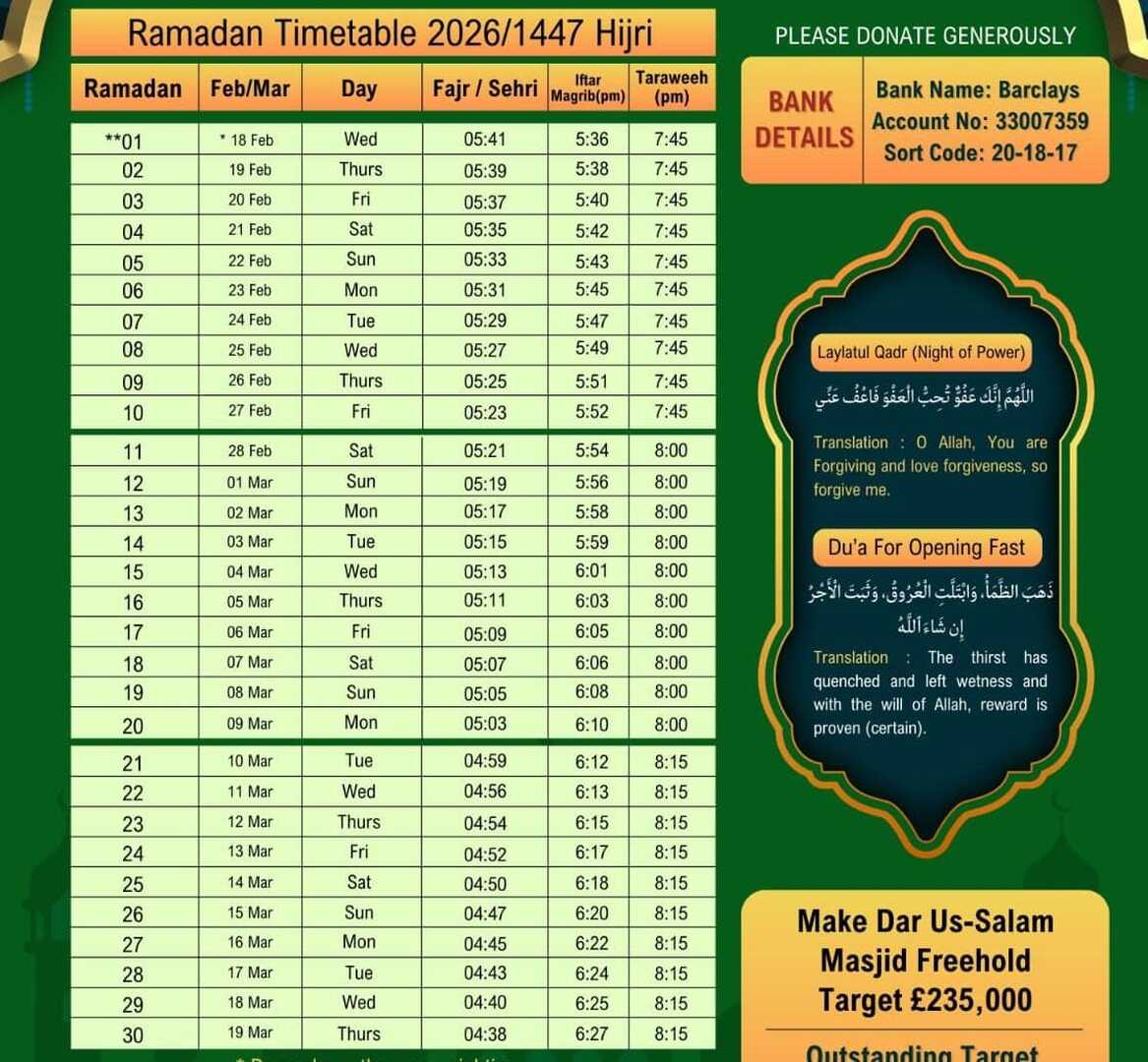 Ramadan timetable