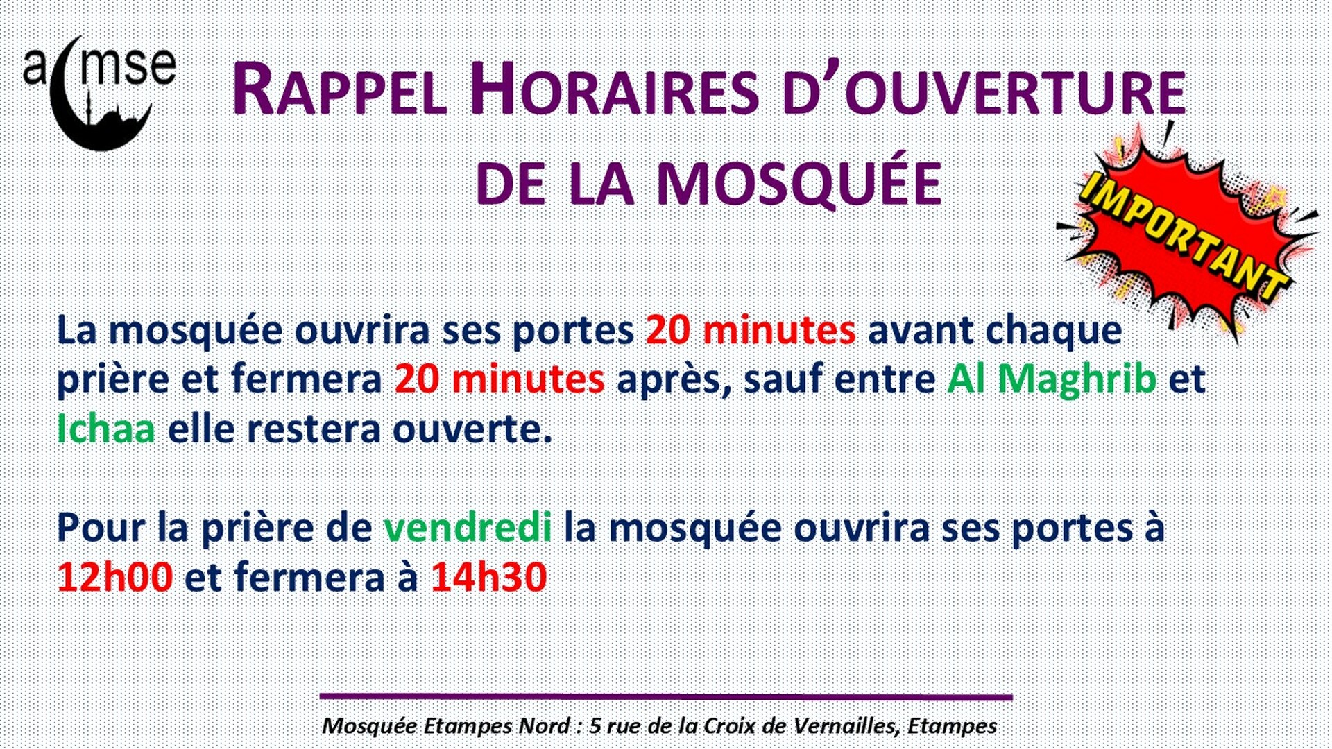 Horaires d'ouverture & fermeture