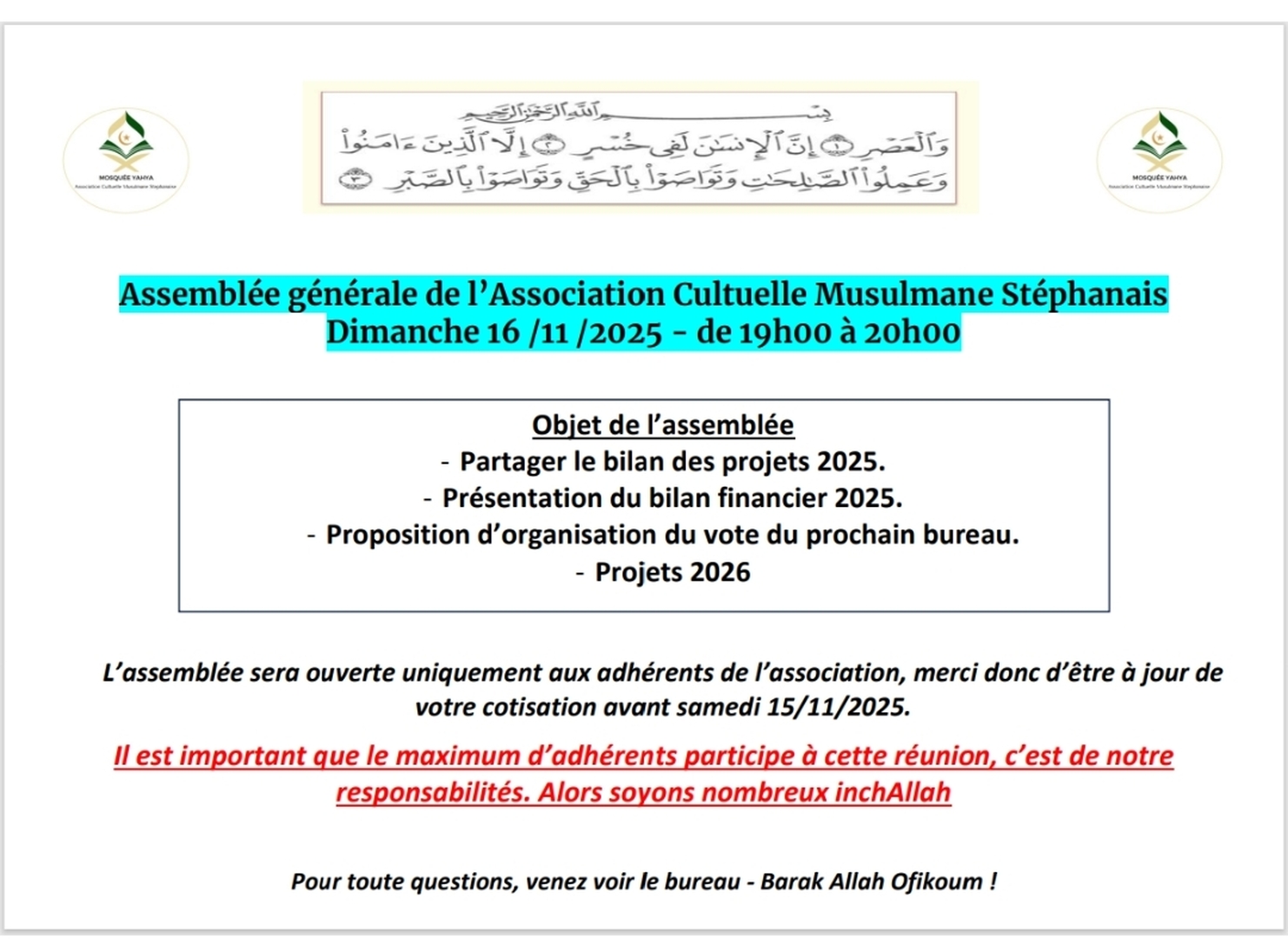 Assemblé générale dimanche 16 nov a 19h