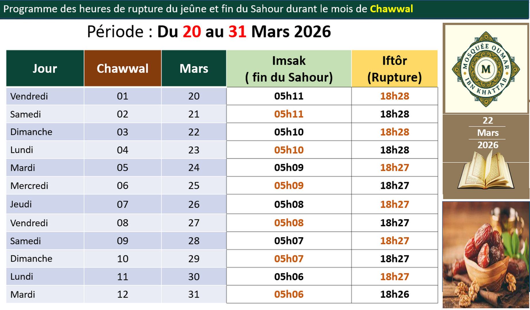 Heures Sohour Chawwal 20-31 Mars 2026