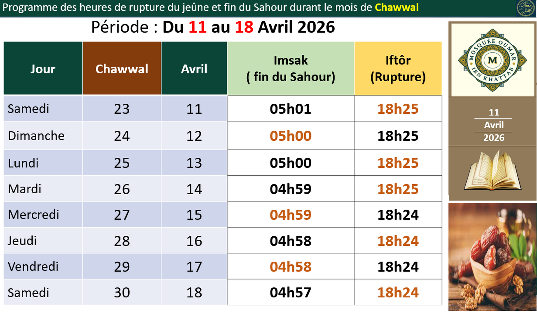 Heures Sohour Chawwal 11-18 Avril 2026