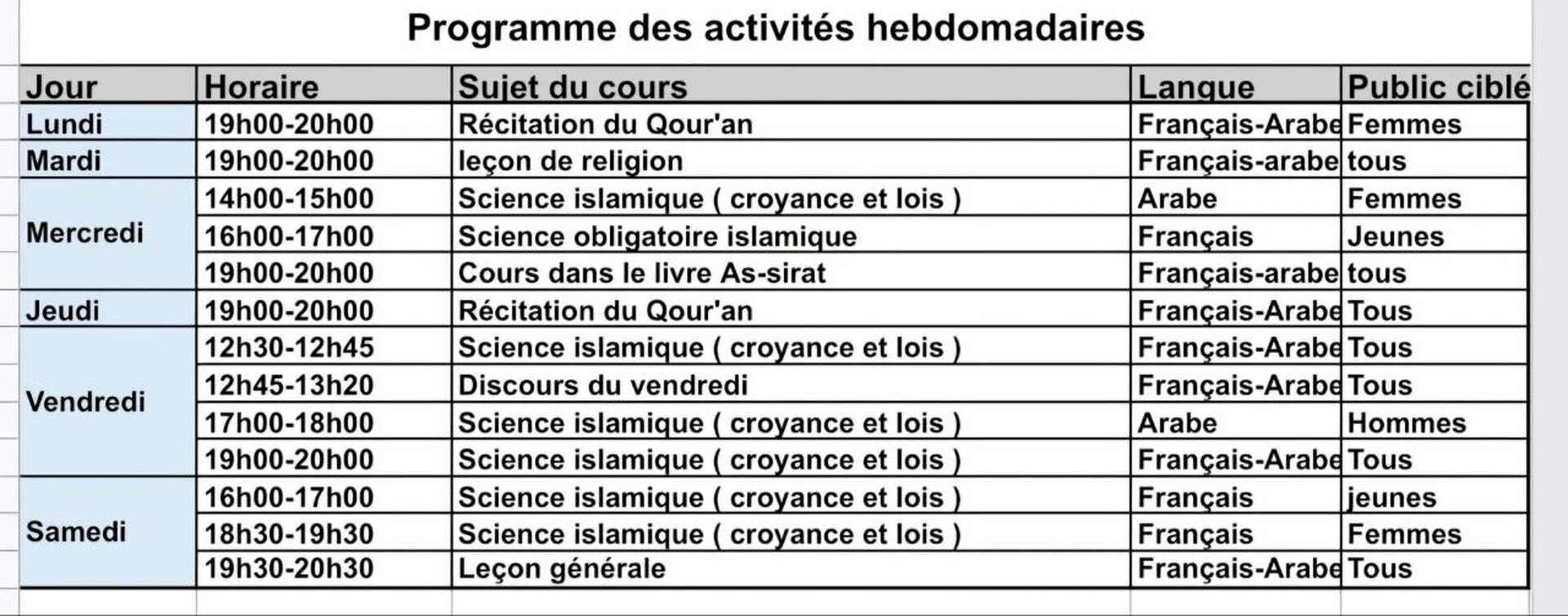 Planning des cours