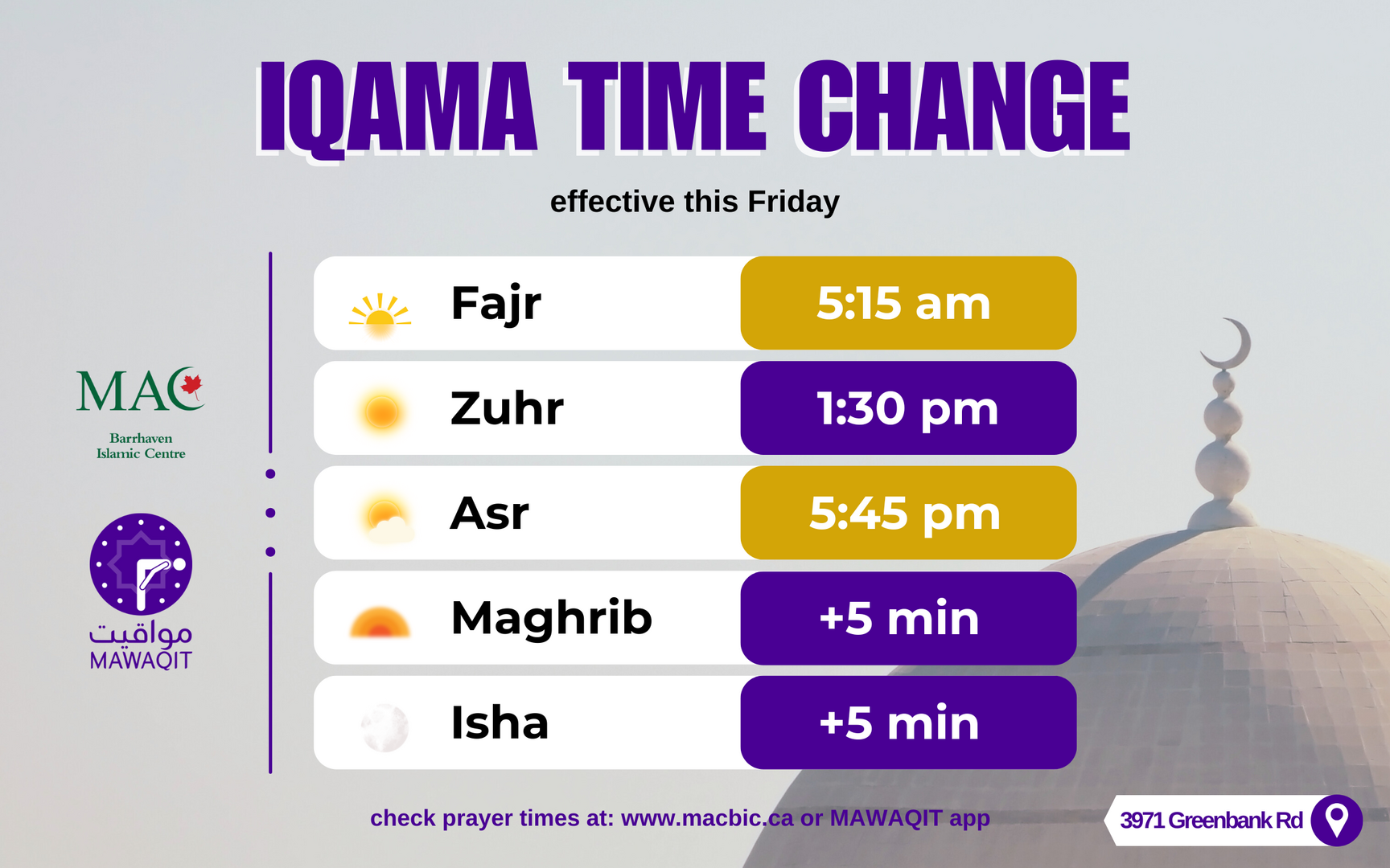 Iqama Time Change | 2025-08-22