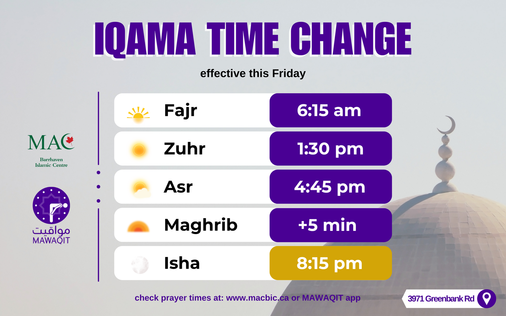 Iqama Time Change | 2025-10-10