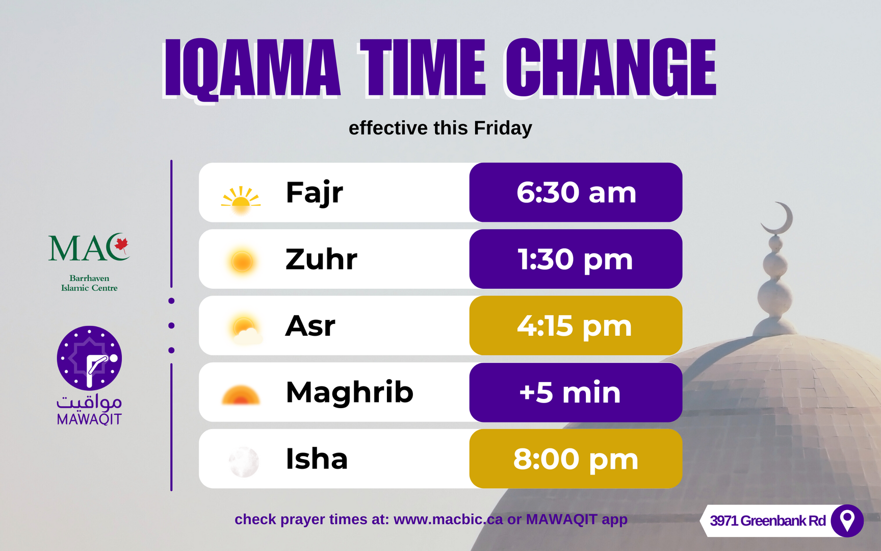 Iqama Time Change | 2025-10-24