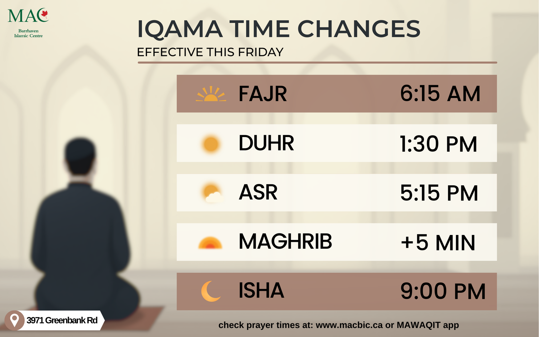 Iqama Time Change | 2026-03-20