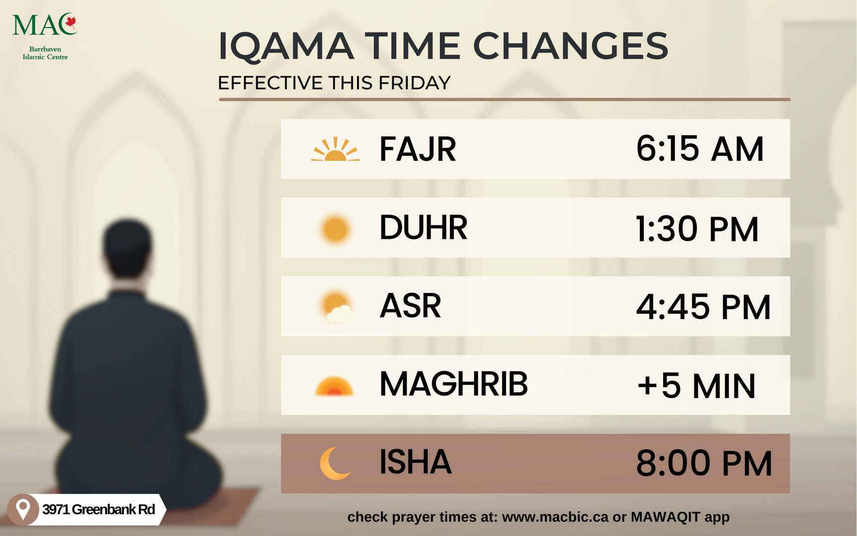 Iqama Time Change | 2026-10-09