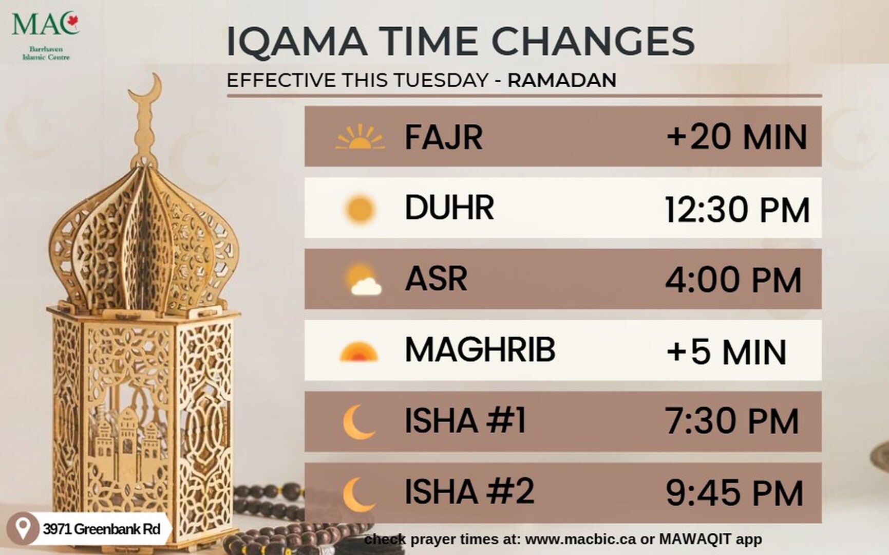 Iqama Time Change | Ramadan