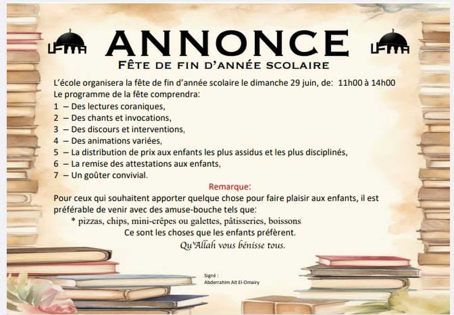 Annonce  Fête de fin d'année scolaire