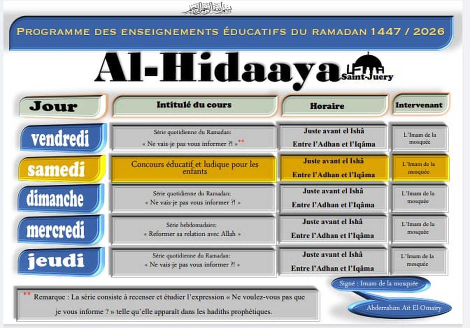 Programme Ramadan 1447 - 2026