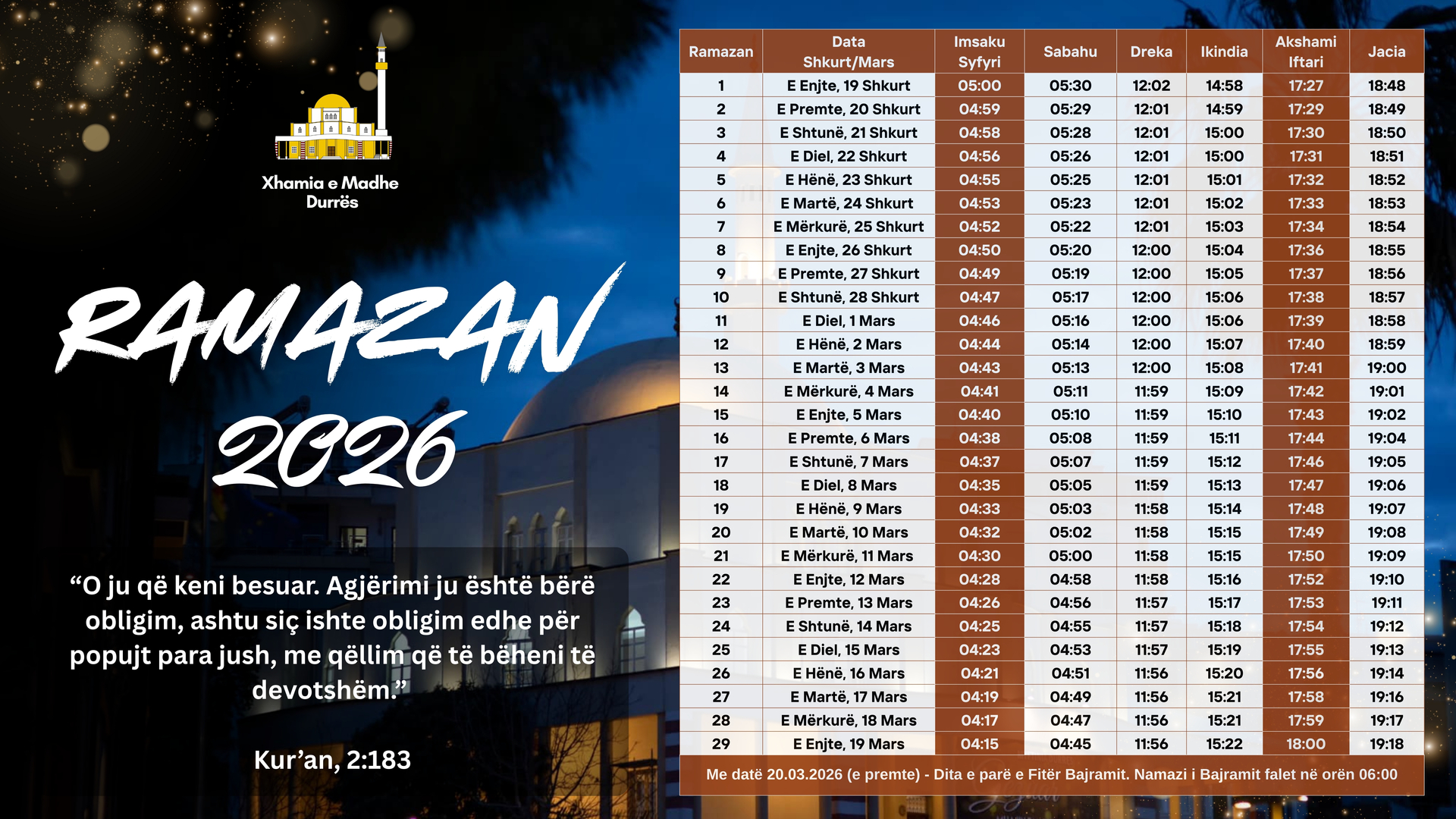 Ramazan 2026 - Kalendari
