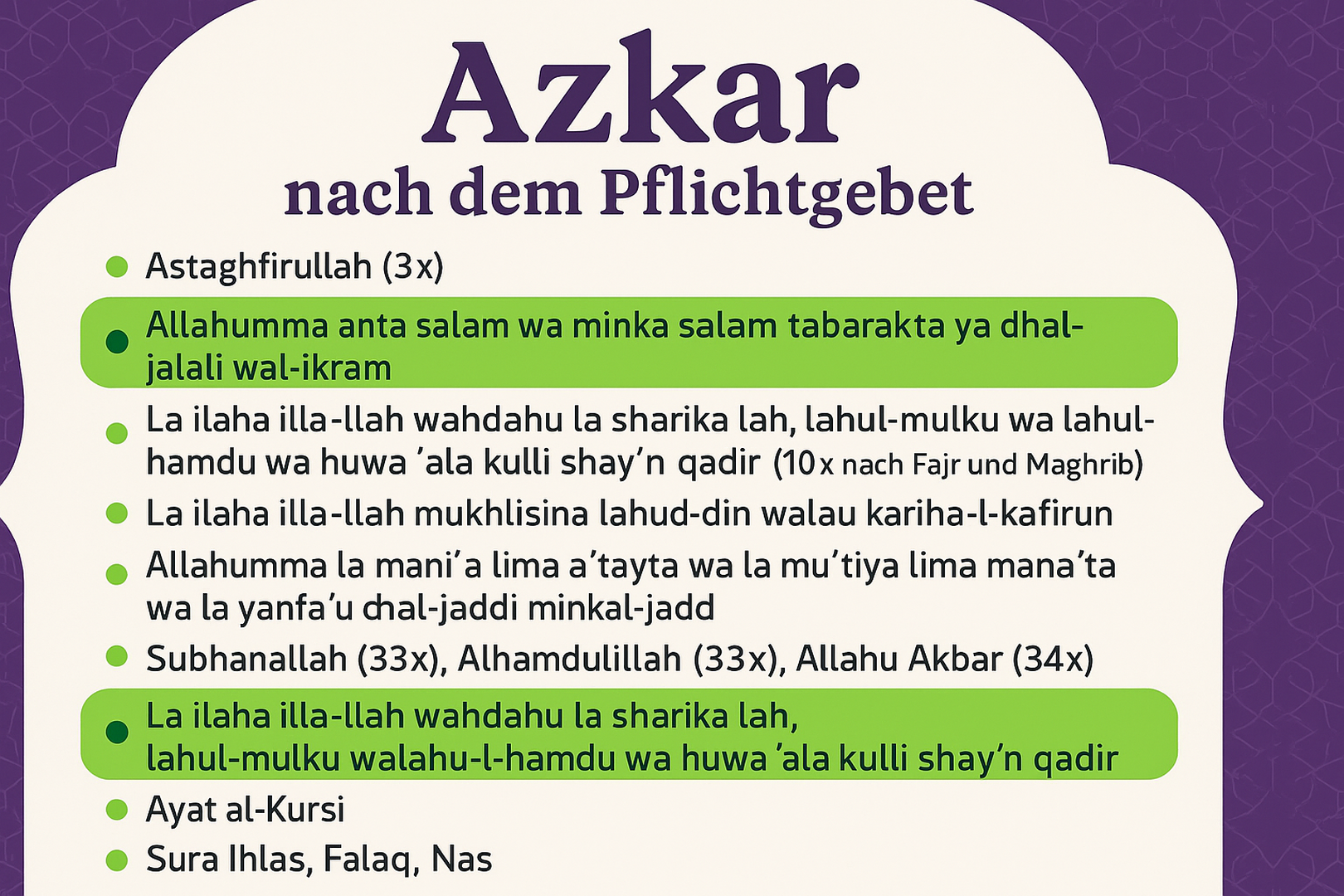 Zikr nach dem Gebet - Deutsch