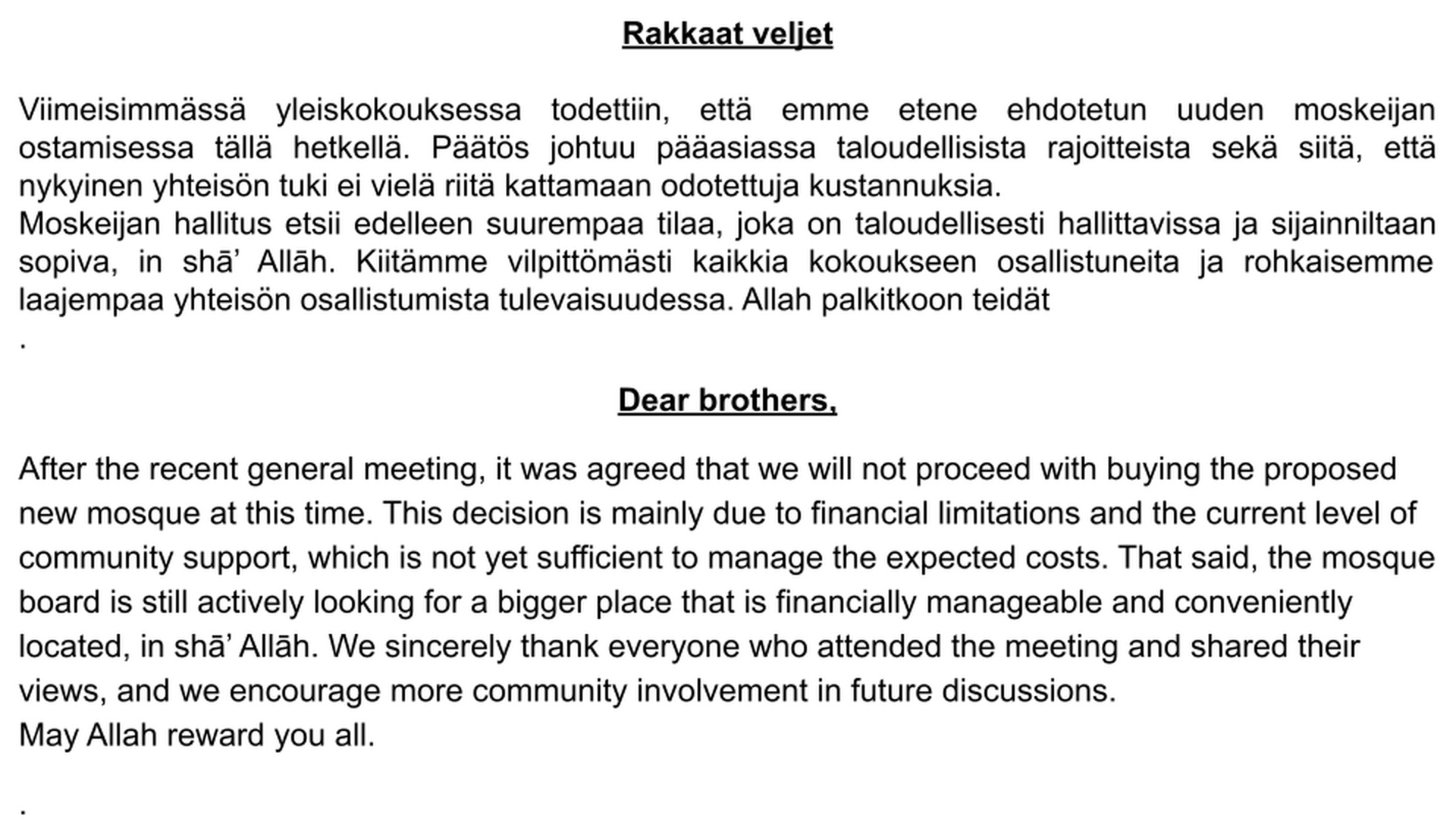 Final decision on new masjid