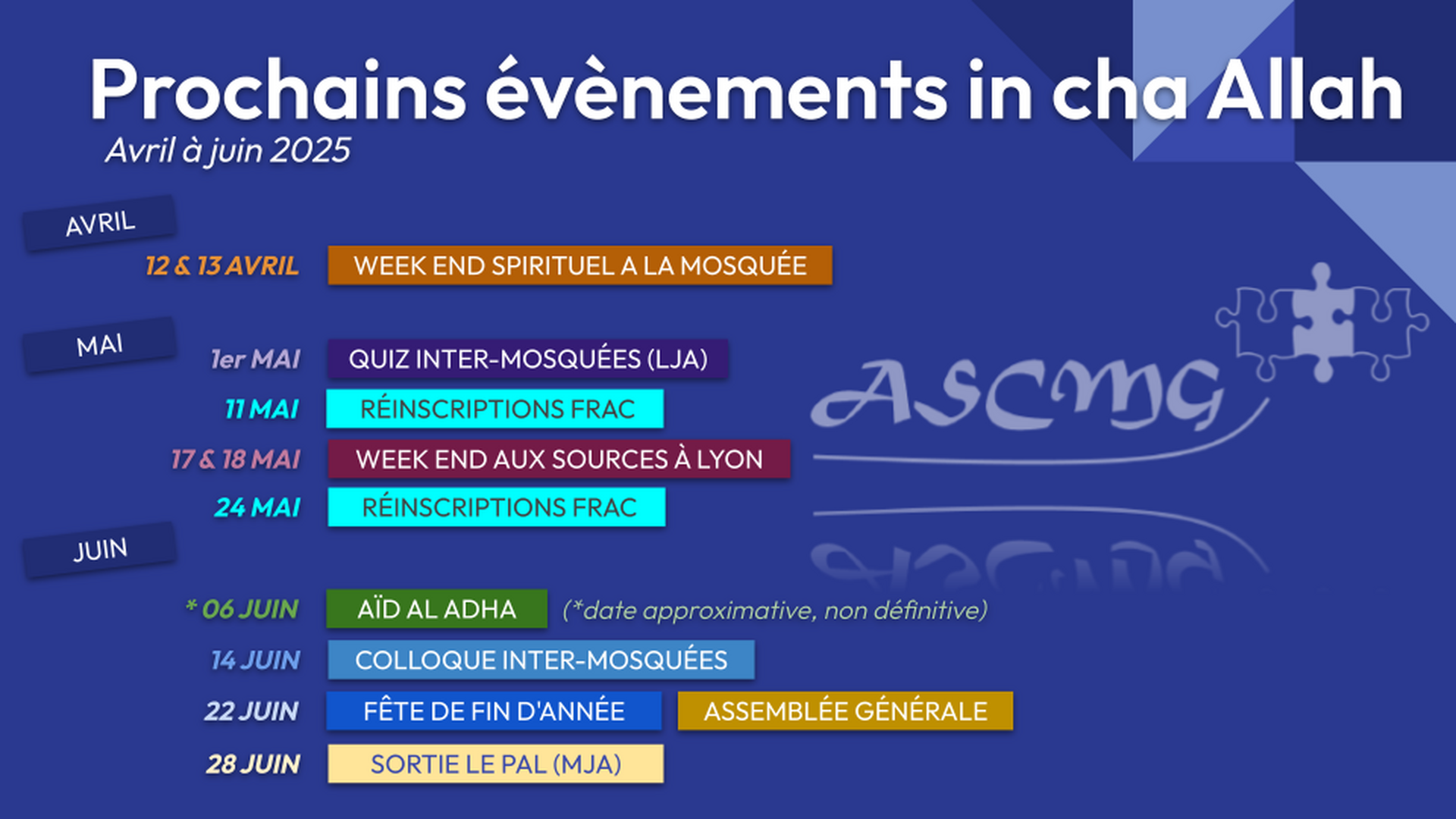 Prochains évènements in cha Allah