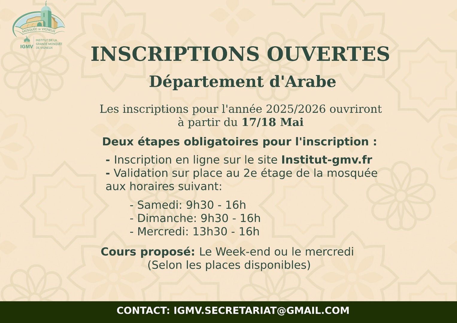 Inscriptions IGMV département Arabe