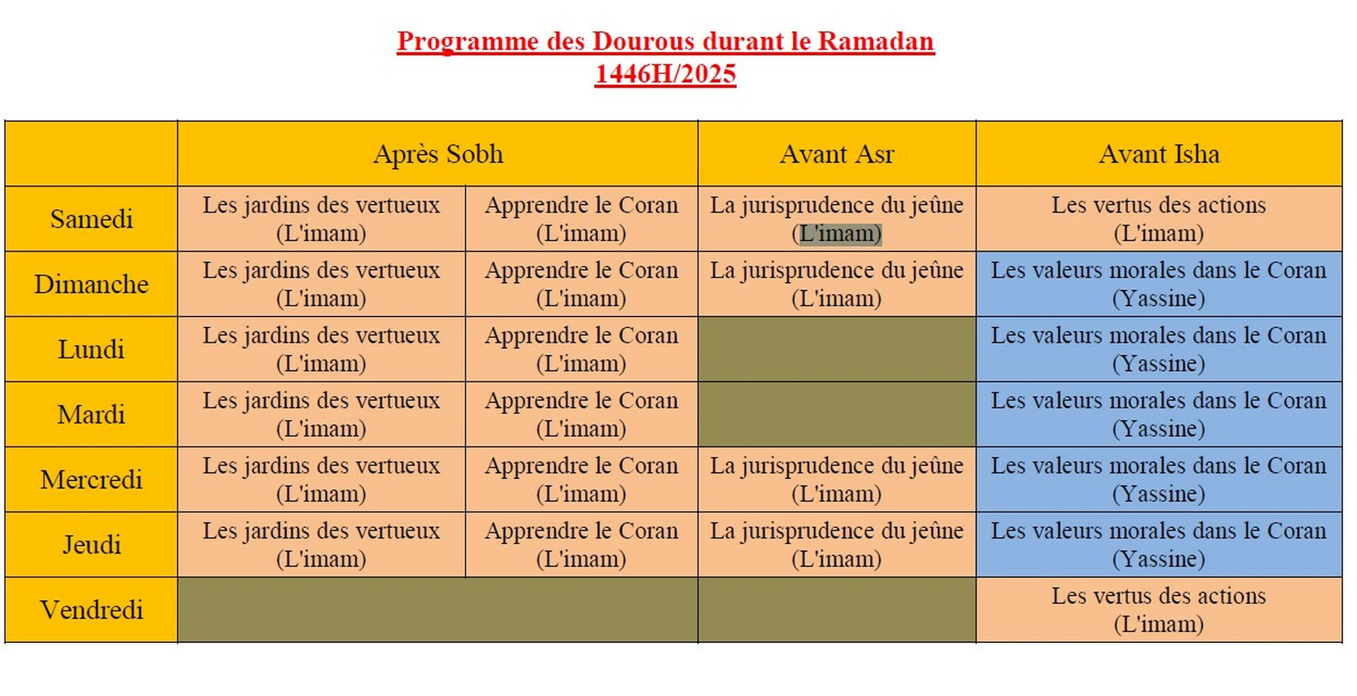 programme dourous ramadan 2025