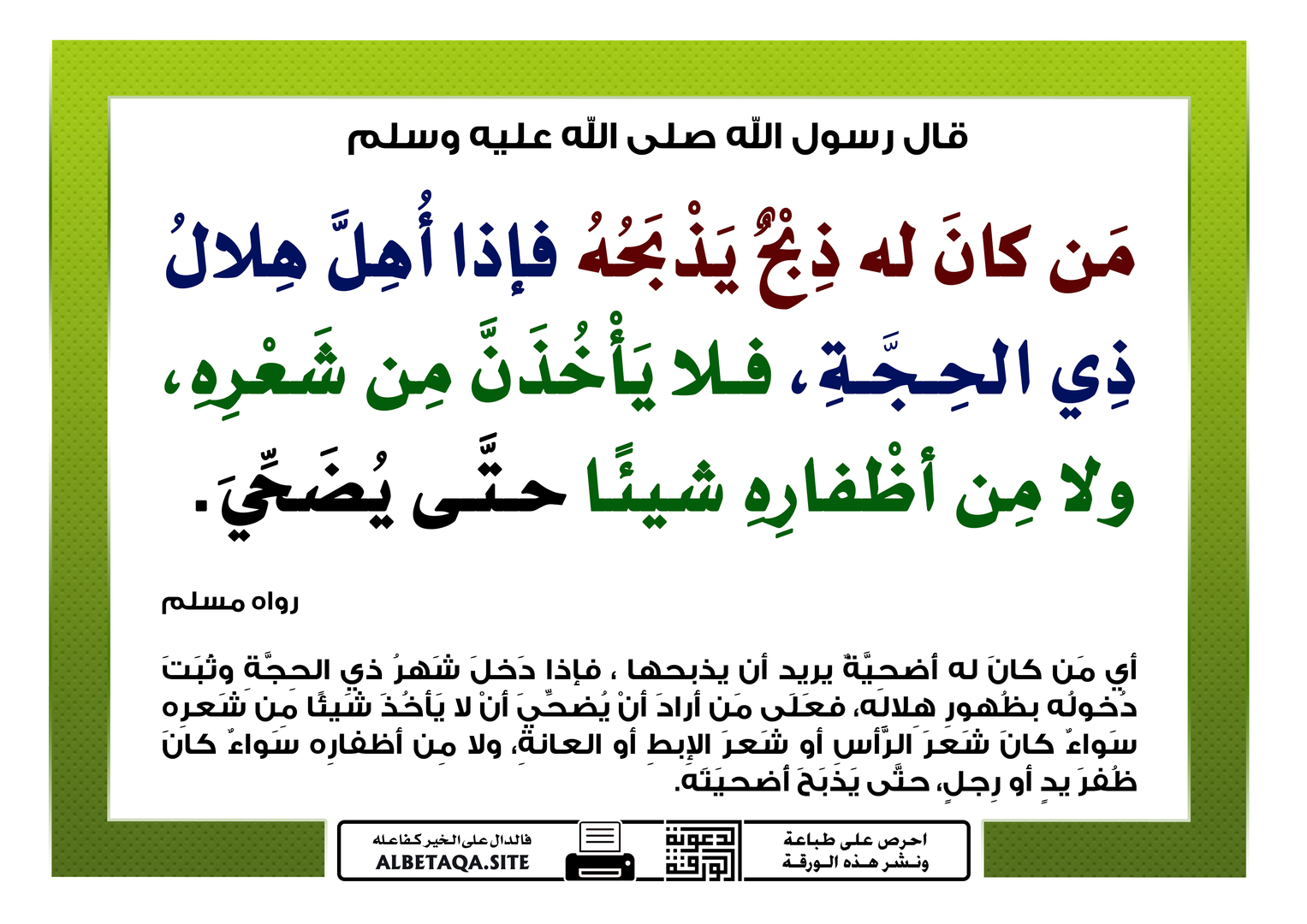 فلا يأخذن من شعره، ولا من أظفاره شيئا ح