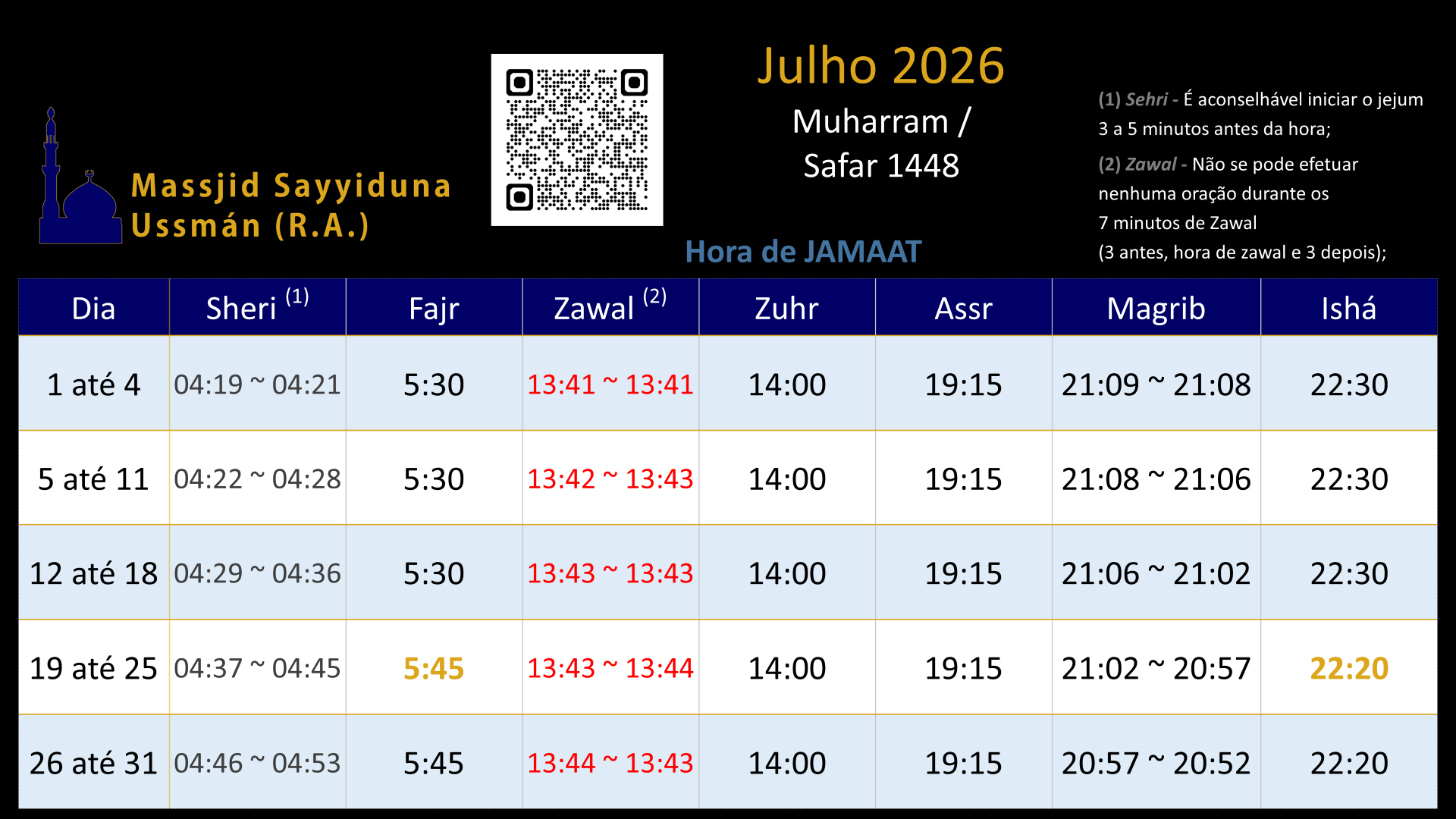 Horário Julho 2026