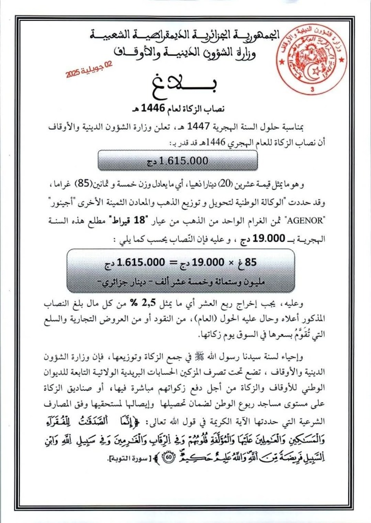نصاب الزكاة لعام 1446 قدر ب: 1.615000 دج