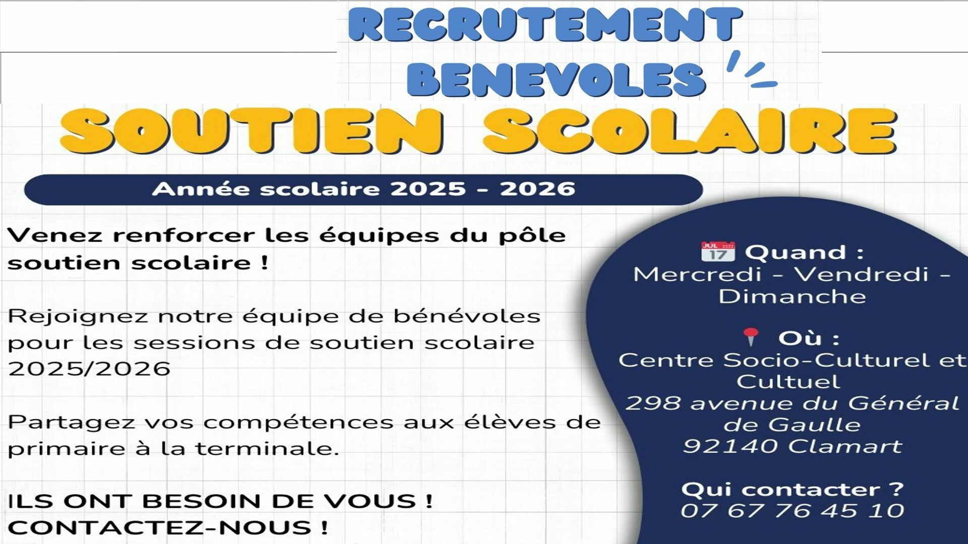 Recrutement Bénévoles Soutien Scolaire